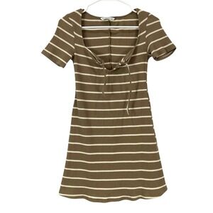 STRADIVARIUS Brown White Stripe Ribbed Square Neck Short Sleeve Mini Dress Sz M